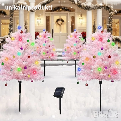 Соларни коледни елхички в розово с вградени LED лампички многоцветна светлина 70см, снимка 2 - Лед осветление - 52262914