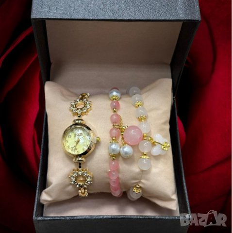 Елегантен дамски комплект - часовник с камъни цирконии и 2 броя гривни с естествени камъни, снимка 3 - Бижутерийни комплекти - 44535607