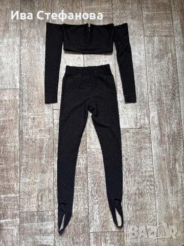 Нов черен спортно елегантен сет костюм от две части комплект топ и клин 