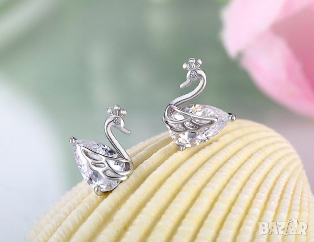 Сребърни Обеци 925 - Лебед Сваровски BF136, снимка 4 - Обеци - 29261710