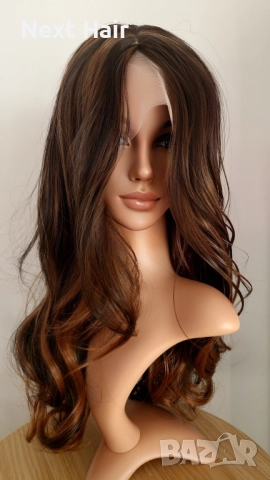 Парти тъмно кафява синтетична перука с руси кичури, на път, 65 см, снимка 2 - Аксесоари за коса - 52813656