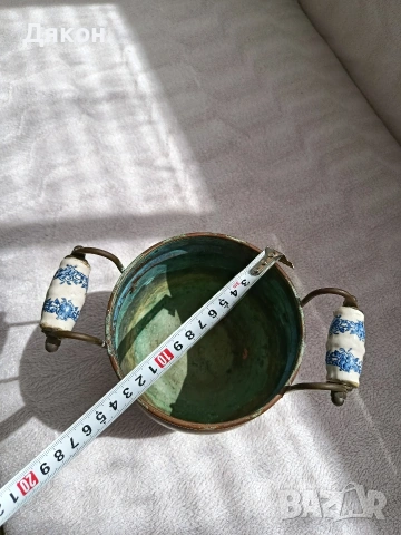 медна кашпа Медна кашпа с порцеланови дръжки., снимка 2 - Антикварни и старинни предмети - 53922285