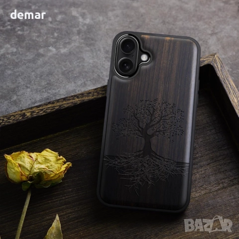 Дървен магнитен калъф Carveit за iPhone 17, гравирано дърво и черен мек TPU, снимка 7 - Калъфи, кейсове - 52119302
