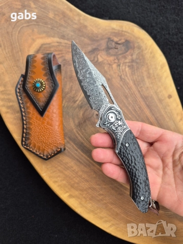 Уникален сгъваем нож дамаска стомана с кожена кания, снимка 13 - Ножове - 52325439