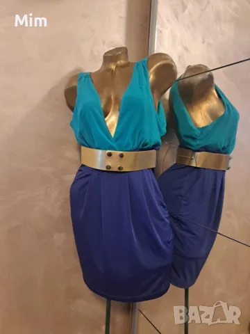 L Елегантна,къса рокля със златист кожен колан @