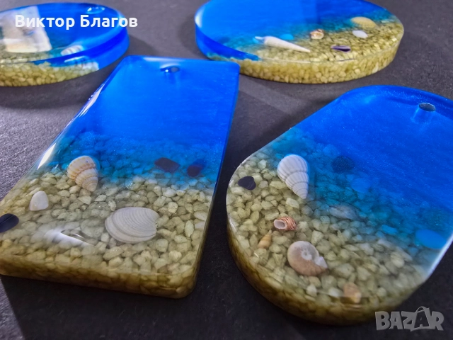 Морски комплект от епоксидна смола (поставка и медальони), снимка 2 - Декорация за дома - 52908861