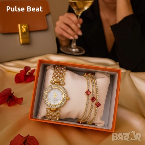 Готов сет за елегантност: кварцов часовник + 3 гривни с червени акценти, снимка 5 - Дамски - 52056756