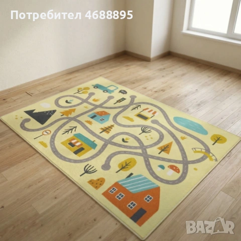 Детски килим за игра 120х160см - Светложълт килим с цветни къщички, противоплъзгащ и миещ се