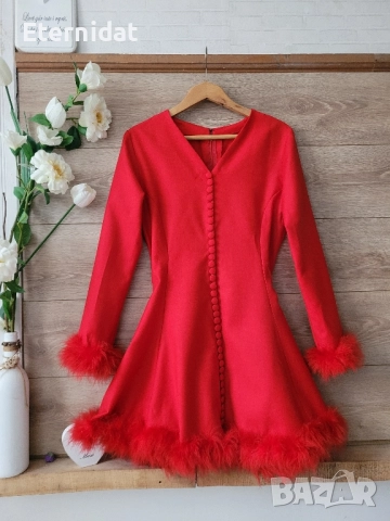 Червена рокля с естествени пера, снимка 4 - Рокли - 52062107