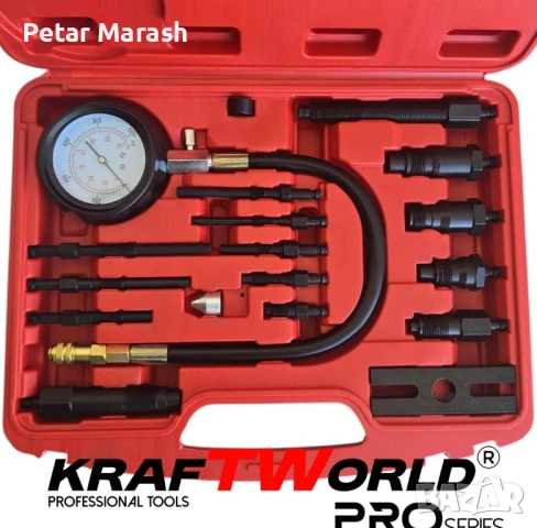 Комплект за измерване на компресия на дизелови двигатели KraftWorld Pro (17 части), снимка 3 - Куфари с инструменти - 50633644