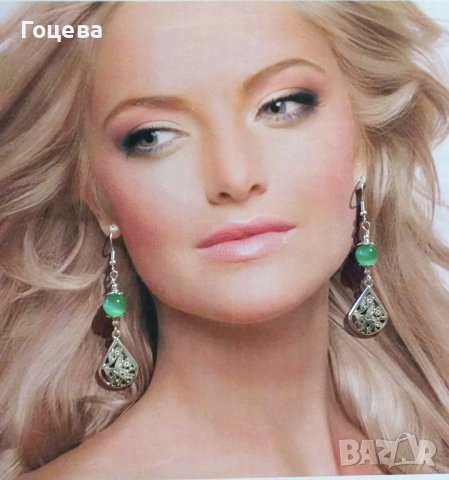 ,Красив Бохо комплект бижута обици и колие с Ябълково зелено Котешко око и орнаменти цвят сребро , снимка 9 - Бижутерийни комплекти - 42273844