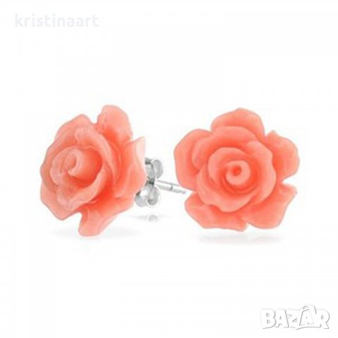 Сребърни обeци c розов корал тип розичка,8мм, снимка 3 - Обеци - 37813689