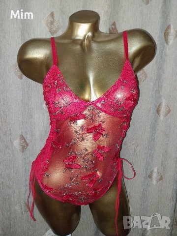 S/M Червено дантелено боди с релефни пеперуди , снимка 3 - Бельо - 42516670