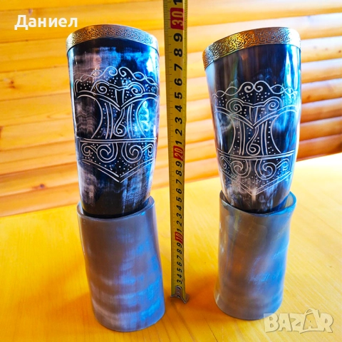 Чаши от естествен рог, Чаша от естествен рог, за пиене, викингска чаша  със стойка от естествен рог , снимка 2 - Чаши - 44247281