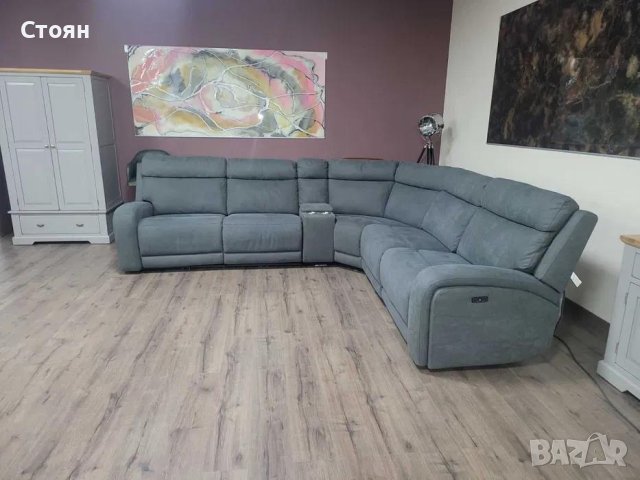 Сив ъглов диван от плат с електрически релаксиращ механизъм, снимка 7 - Дивани и мека мебел - 44342839