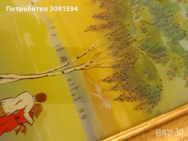 красива картина пейзаж рисувана от вътрешната страна на стъклото със дървена винтидж рамка , снимка 15 - Антикварни и старинни предмети - 44398853