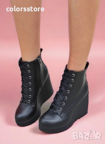 Боти на платформа - черна кожа - D122