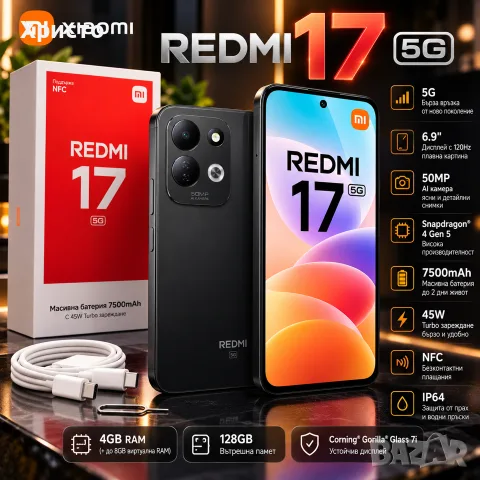 НОВ!!! Xiaomi Redmi 17 5G, 4GB RAM, 128GB, Black