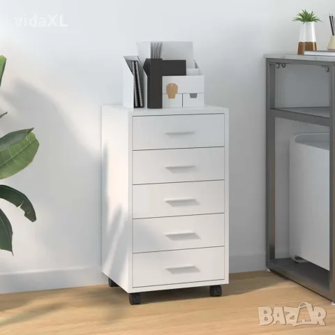 vidaXL Шкаф с чекмеджета на колелца, бял гланц, инженерно дърво, снимка 2 - Шкафове - 56147184