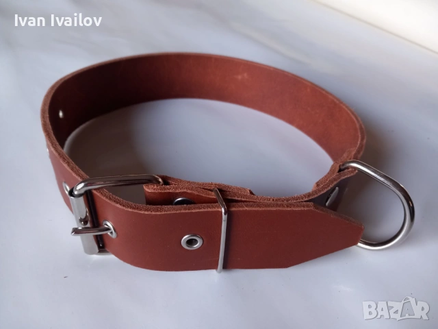 Много здрав нашийник от естествена кожа (цвят Коняк) – 4 см широк
