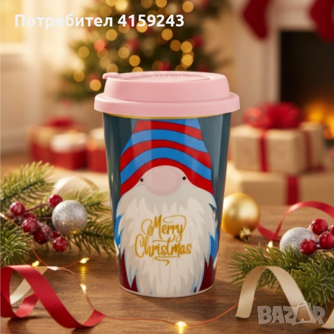 Порцеланова Коледна чаша със силиконов капак, снимка 2 - Чаши - 52482199