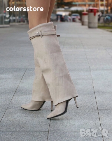 Ботуши на ток - бежов велур - KD100 , снимка 3 - Дамски ботуши - 52816910