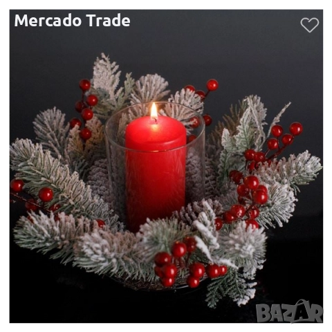 Коледен венец с поставка за свещ Mercado Trade, Метал, Борови клонки, Бели