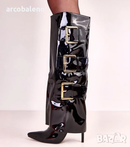 Дамски черни лачени ботуши Karela с навит калъф, снимка 4 - Дамски ботуши - 52111955