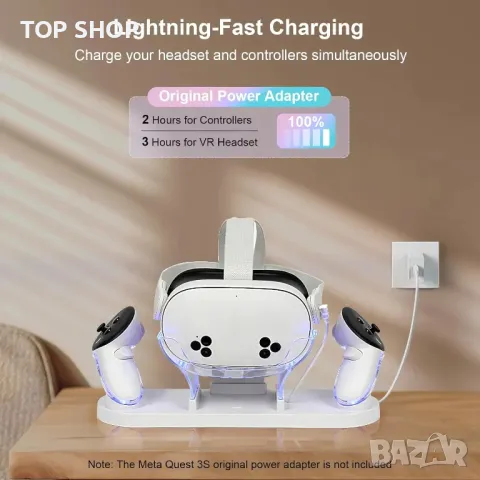 Докинг станция за зареждане за MetaQuest 3S/Quest 3, с LED индикатор, за VR конзола и контролер, бял, снимка 4 - Друга електроника - 49551805