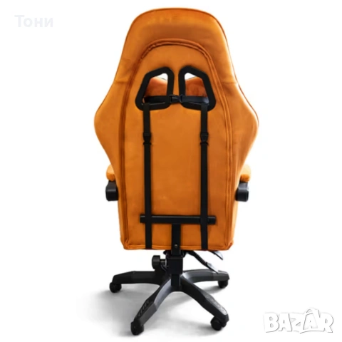 Оранжев велурен геймърски стол с поставка за крака – ергономичен, метална рамка, снимка 8 - Столове - 53239996