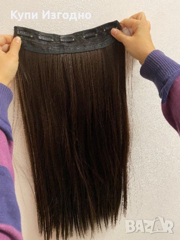 Екстеншън права кестенява коса ред с клипси 55см синтетика, снимка 6 - Продукти за коса - 38989816