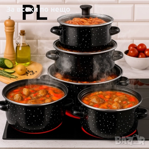 Промо комплект – 5 бр. черни емайлирани тенджери + 3 бр. дълбоки черни тави Rosberg Код P1753, снимка 2 - Съдове за готвене - 52980544