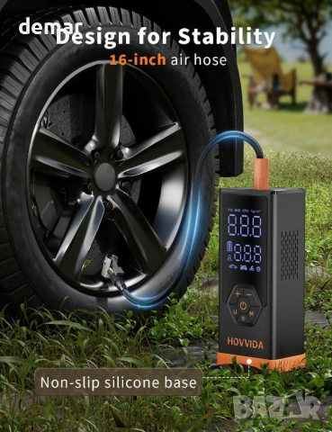 Преносим въздушен компресор за гуми HOVVIDA, 7800 mAh, 12V DC, 150 PSI, дебит 40л/мин, снимка 5 - Аксесоари и консумативи - 54048201