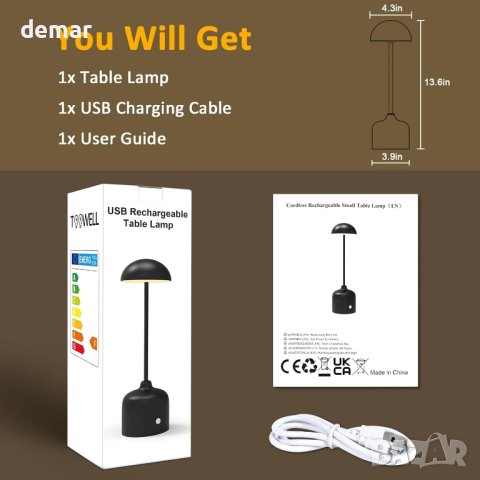 Toowell Акумулаторна настолна нощна лампа сензорна димируема, черна, снимка 3 - Настолни лампи - 44499609