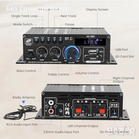 Нов аудио Bluetooth 5.0 стерео усилвател 40W+40W с LCD и дистанционно, снимка 4 - Други - 53006623