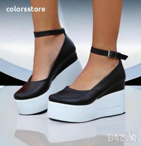 Обувки на платформа - черна кожа с бяло ходило - 125K