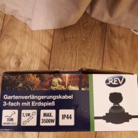 Rev Германия , Удължител с гумен захранващ кабел, 3-посочен , 10 м, ултра гъвкав , черен с зелено IP, снимка 4 - Други - 31145907