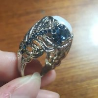 Масивен посребрен пръстен със сапфири и лунен камък, снимка 4 - Пръстени - 31630806