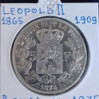 Монета Белгия - 5 Франка 1875 г. Леополд II - Сребро, снимка 1 - Нумизматика и бонистика - 31540109