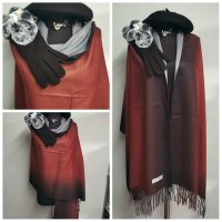 Луксозен комплект съдържащ : Кашмирен шал, елегантни ръкавици , барета и подарък брошка, снимка 8 - Шалове - 38968876