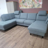Син ъглов П образен диван от плат LS404520, снимка 7 - Дивани и мека мебел - 44701953