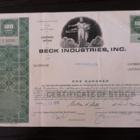 Сертификат за притежание на 100 акции (САЩ) | Beck Industries Inc. | 1970г., снимка 1 - Други ценни предмети - 29146808