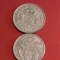 Две монети 25 песети 1957г. Испания/ 2 шилинга 1950г. Великобритания за КОЛЕКЦИОНЕРИ 34824, снимка 1 - Нумизматика и бонистика - 44303939