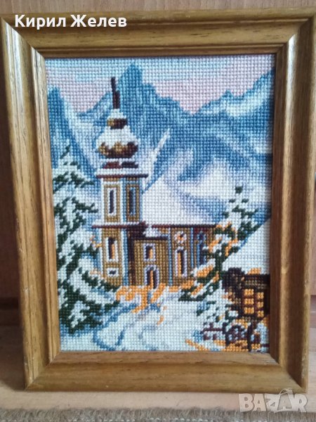 СТАР ГОБЛЕН НЕМСКА ЦЪРКВА ЗИМЕН ПЛАНИНСКИ ПЕЙЗАЖ в ДЪРВЕНА РАМКА 30918, снимка 1