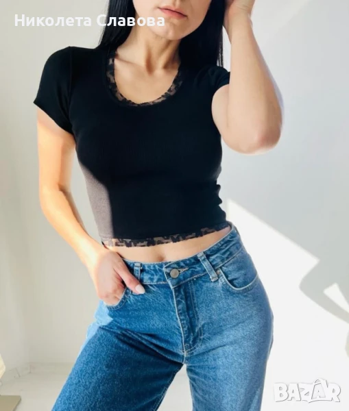 Къса дамска секси тениска с дантела на ръкавите /, снимка 1