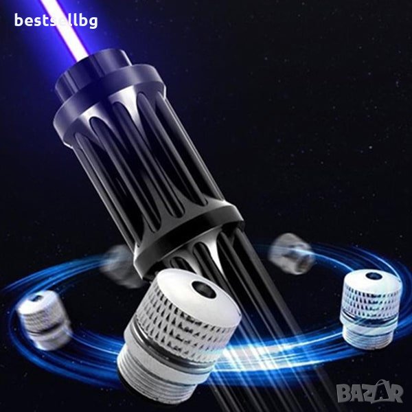 Мощен син акумулаторен лазер пойнтер 5000mW палещ клечка горящ цигара, снимка 1