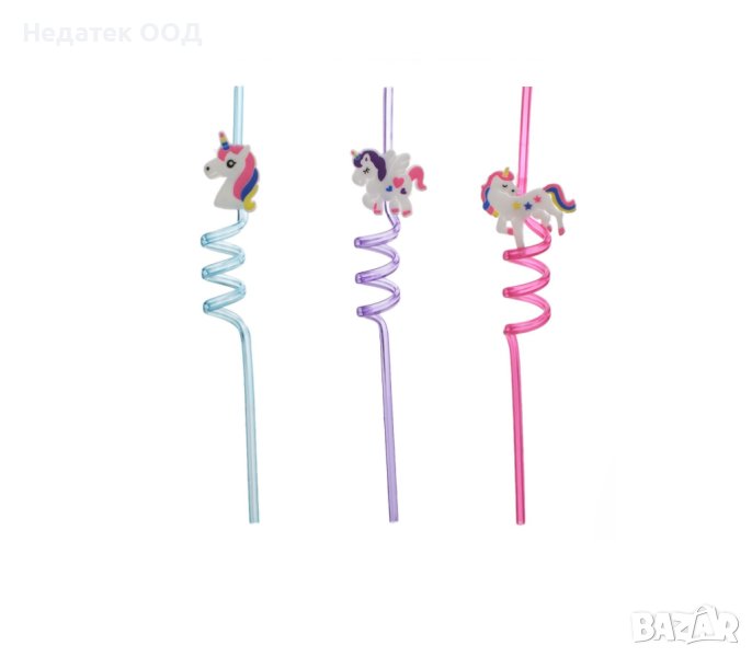 Пластмасови сламки за многократна употреба, Еднорози, 6x270мм 3 бр., снимка 1