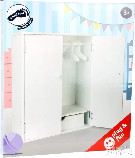 Бял дървен шкаф за кукли с малки крака с аксесоари като релса и закачалка 11213-40 x 20 x 53 cm, снимка 1