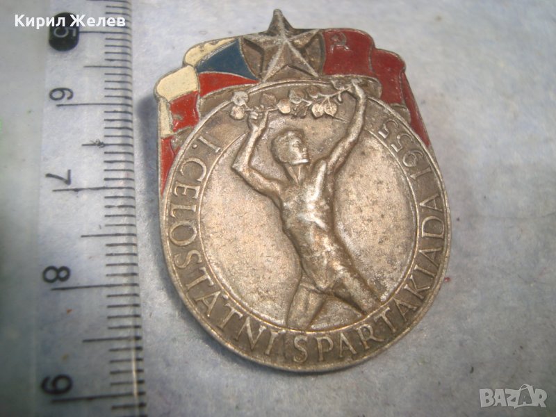 I. CELOSTATNI SPARTAKIADA 1955 Рядка СОЦ СПОРТНА ПОСРЕБРЕНА ЗНАЧКА с ЕМАЙЛ-ЛАК СПАРТАКИАДА 31598, снимка 1