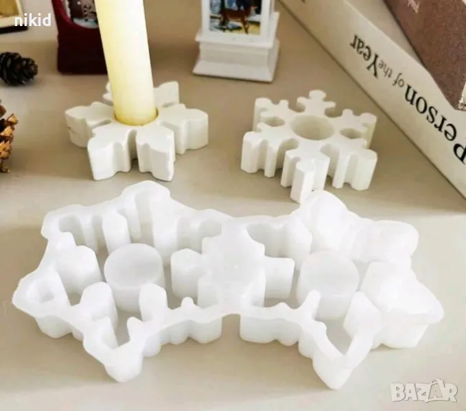 2 снежинки снежинка дълбок силиконов молд фондан смола гипс шоколад свещ свещник свещи, снимка 1